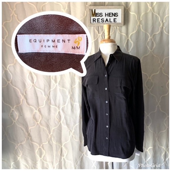 EQUIPMENT FEMME BLACK SILK BUTTON UP SHIRT, MD - Picture 2 of 8
